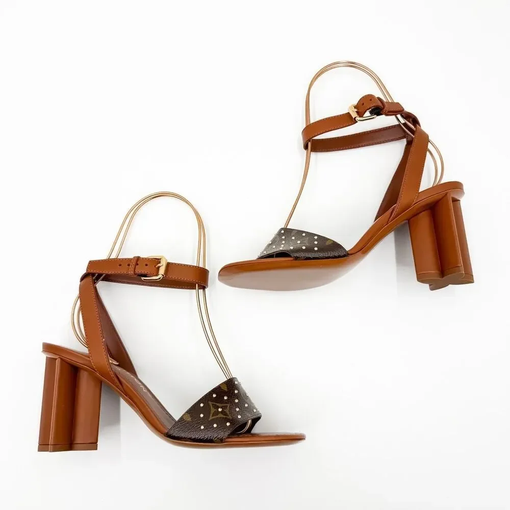 Louis Vuitton NEW LV Monogram Studded Block Heel Leather Sandals EU 38 US 8 - Picture 7 of 11